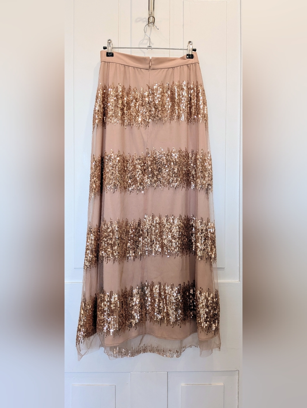 Eva Franco Sequin Stripe Midi Skirt Blush Pink | Size 0 - Picture 3 of 6